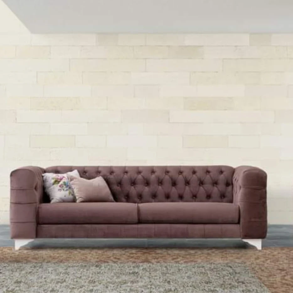 Modern three-seater capitone sofa made of red beech wood and high-quality linen or velvet fabric MS-MAD005